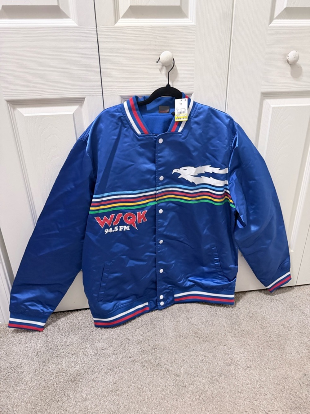 WSQK Blue Varsity Bomber Jacket - Retro Stripe Radio Logo
